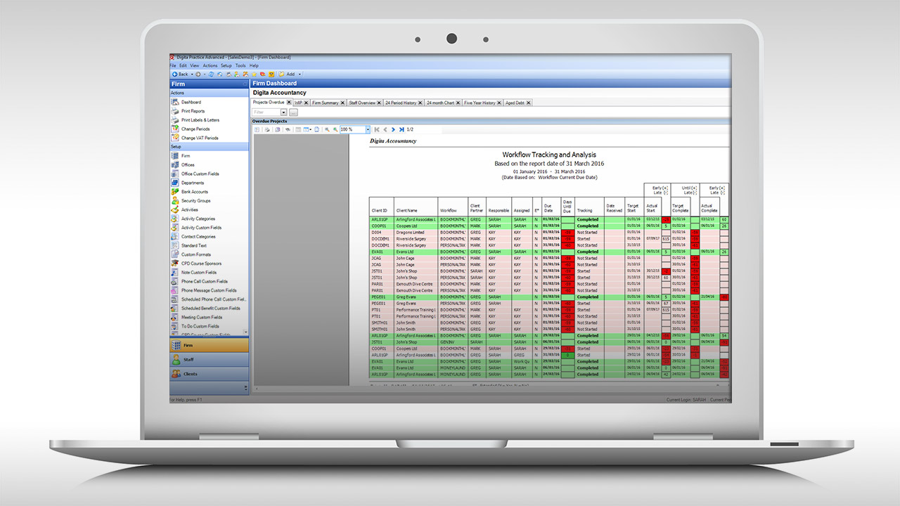 Pull reports of job tracking, billable time, staff availability, and client specifics.